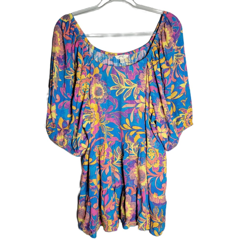 Terra & Sky Plus Size 2X Floral Print Square‎ Neck Tiered Top Blue Yellow Pink
